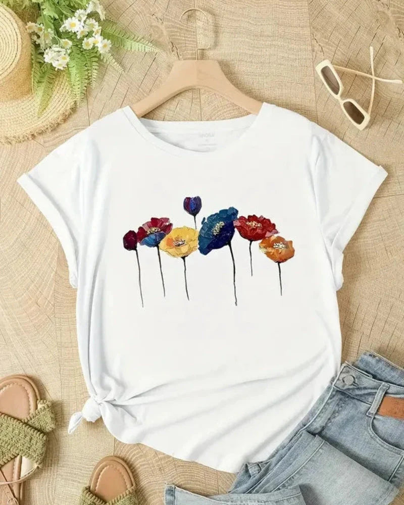 Leicht Damen T-Shirt Mit Blumenprint | Sommer Kurzarm