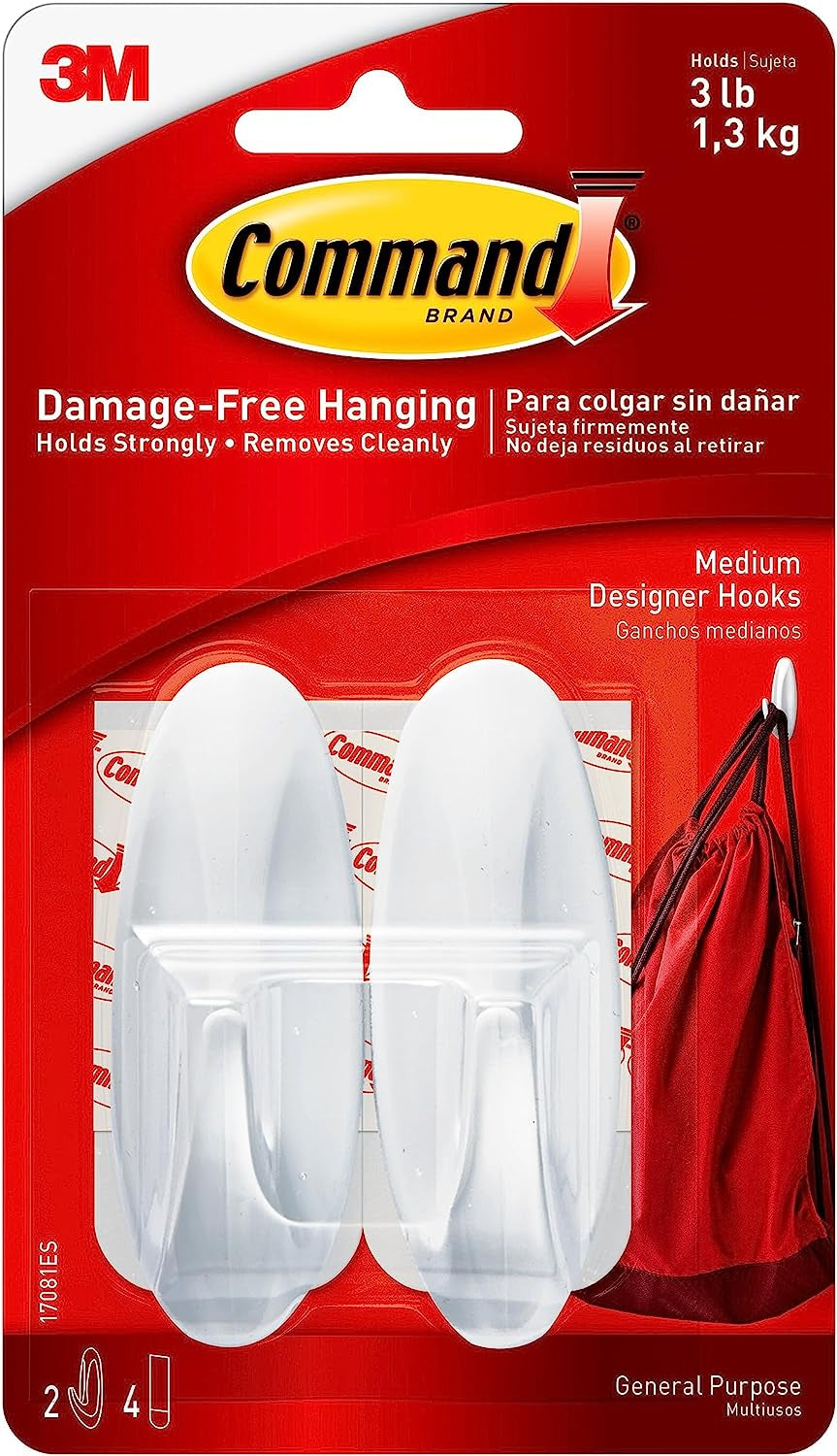 Command Hooks, 2 Self Adhesive Wall Hooks with 4 Command Strips